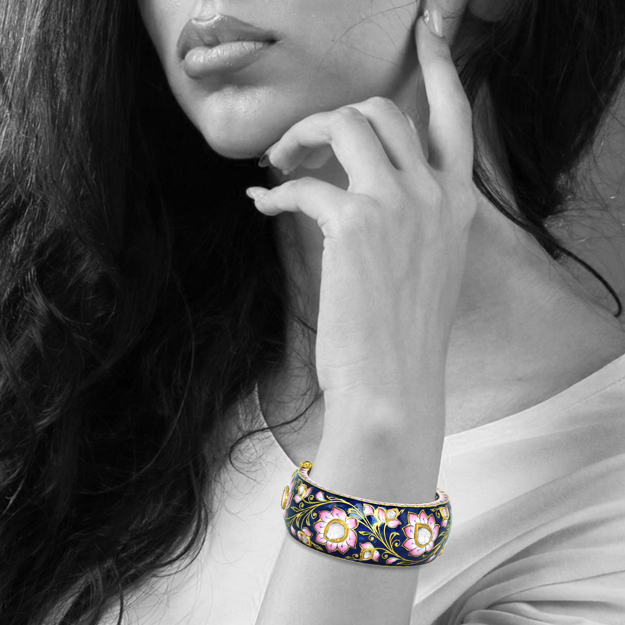 Indigo Bangle with Pink Floral Enamel and Uncut Diamonds